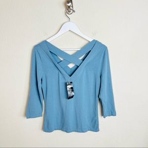 NWT Lafayette148 NY Baby Blue Woven Criss Cross 3/4 Sleeve Sweater Blouse Top